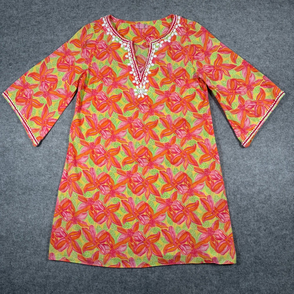 Lilly Pulitzer Pink Orange Floral Beaded Split Neck Cotton Shift Dress Medium